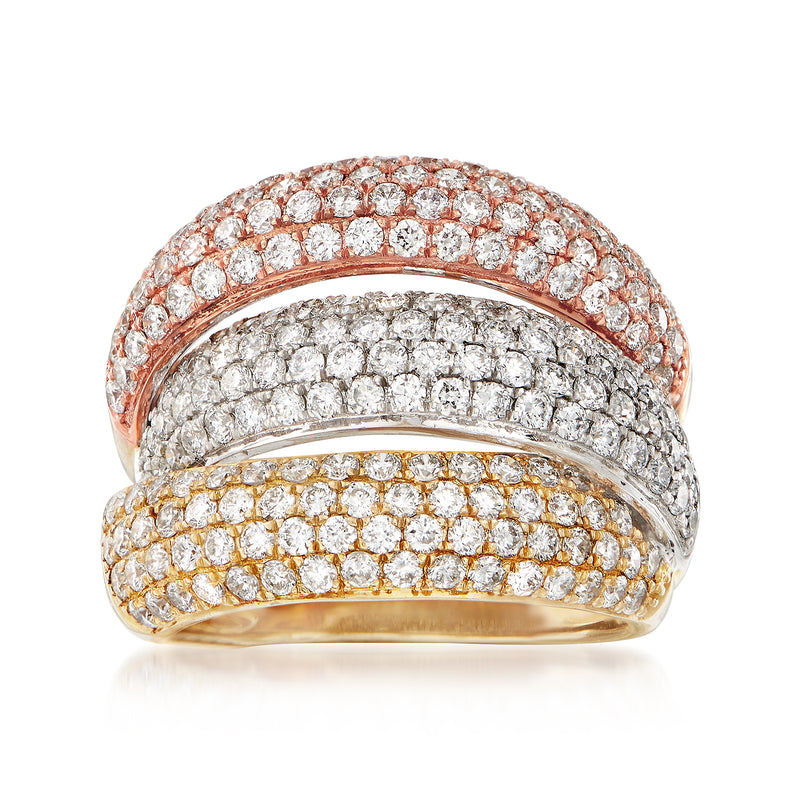Tri-colored gold diamond multi-row ring with round stones across three tiers