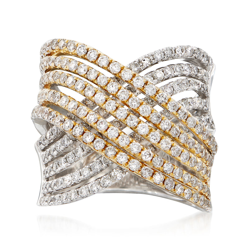 Two-tone 14kt gold crisscross diamond multi-row ring with round stones