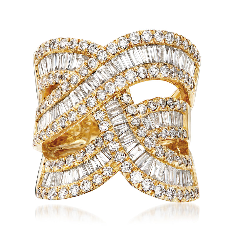 14kt yellow gold diamond highway ring with round and baguette stones, crisscross design