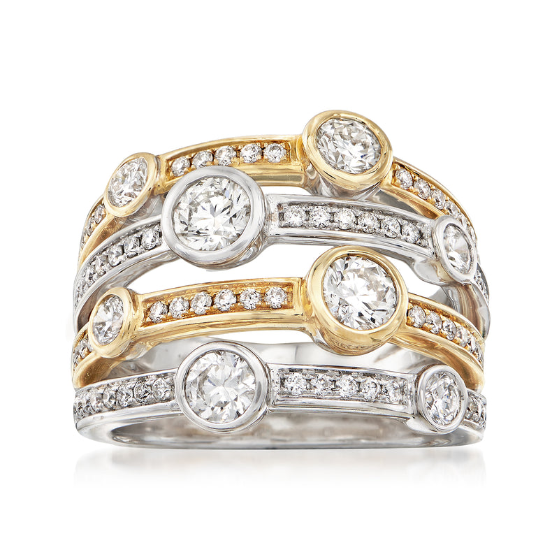 Two-tone 14kt gold diamond four-row ring with round bezel stones and pave accents