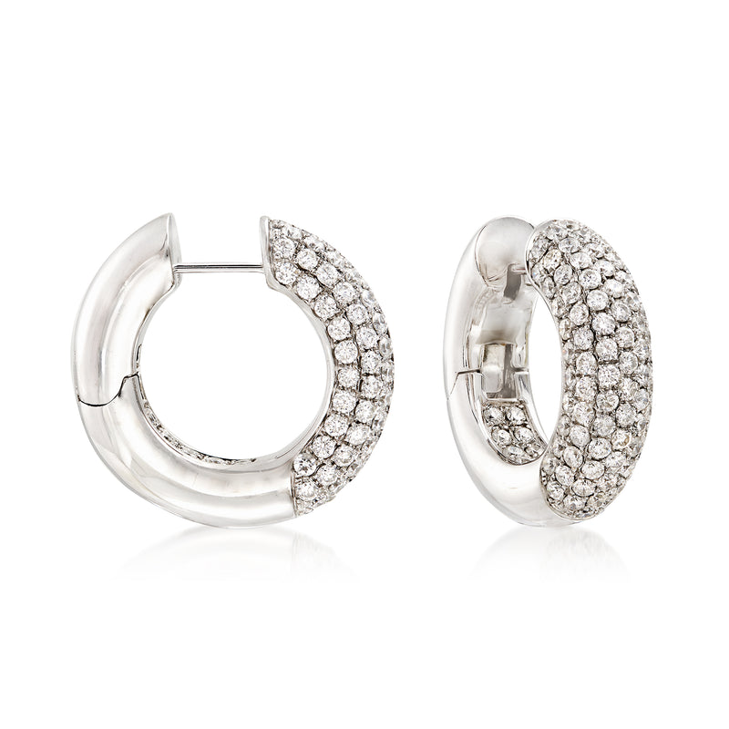 Diamond hoop earrings in 14kt white gold, pavé-set front with hinged closure