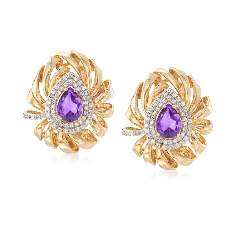 14kt yellow gold drop earrings with purple teardrop amethyst and diamond halo, scalloped setting