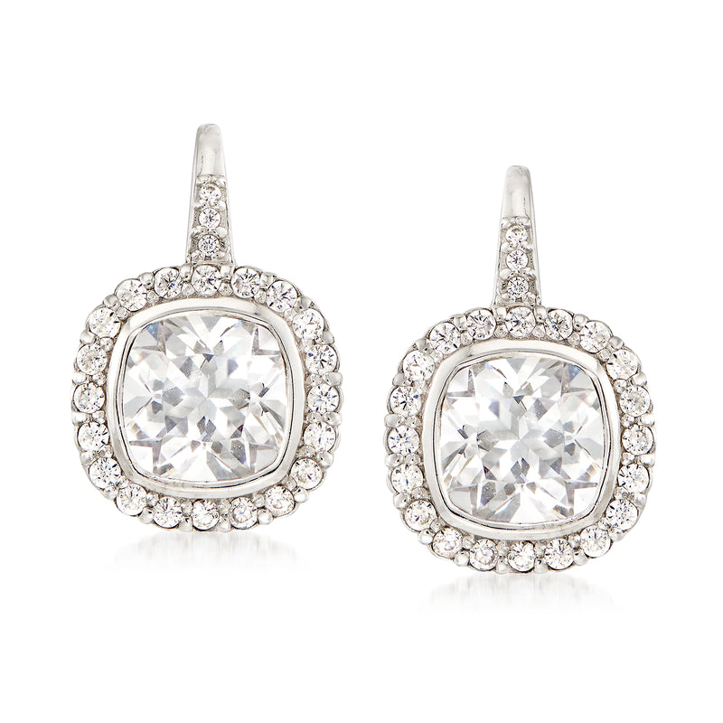 Sterling silver CZ drop earrings with square halo and cushion-cut center stones