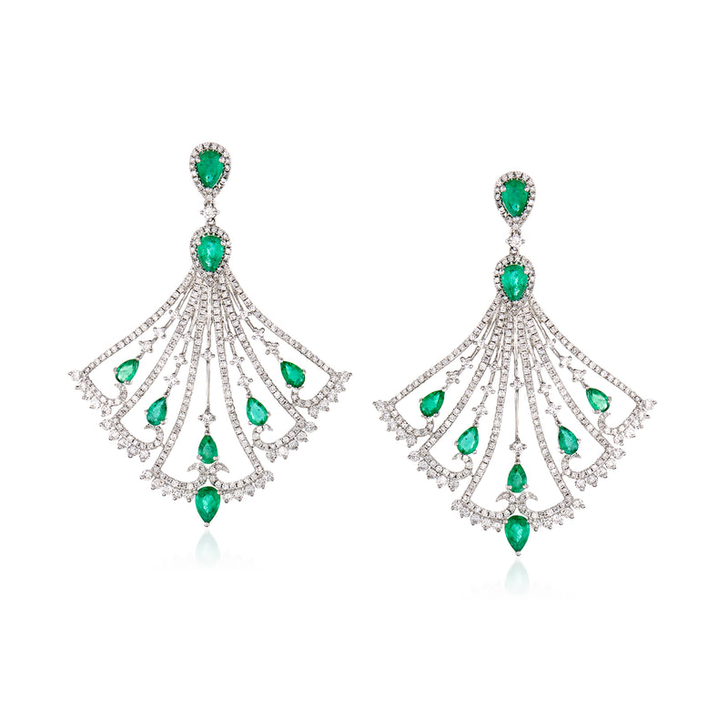 18kt white gold chandelier drop earrings with emerald green stones and diamond accents