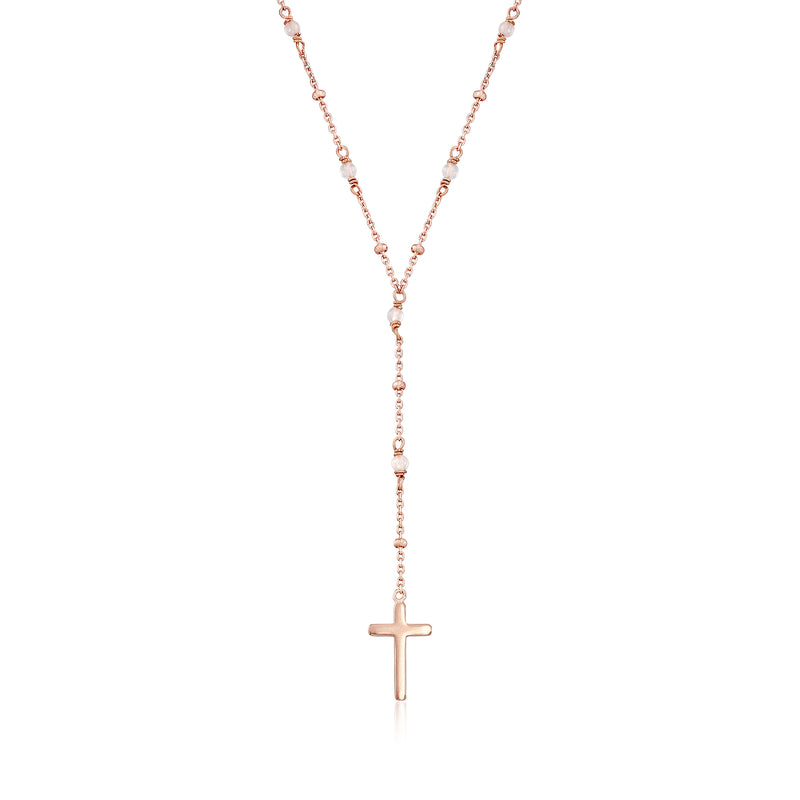 Rose quartz rosary necklace with small cross pendant in rose-gold plated metal