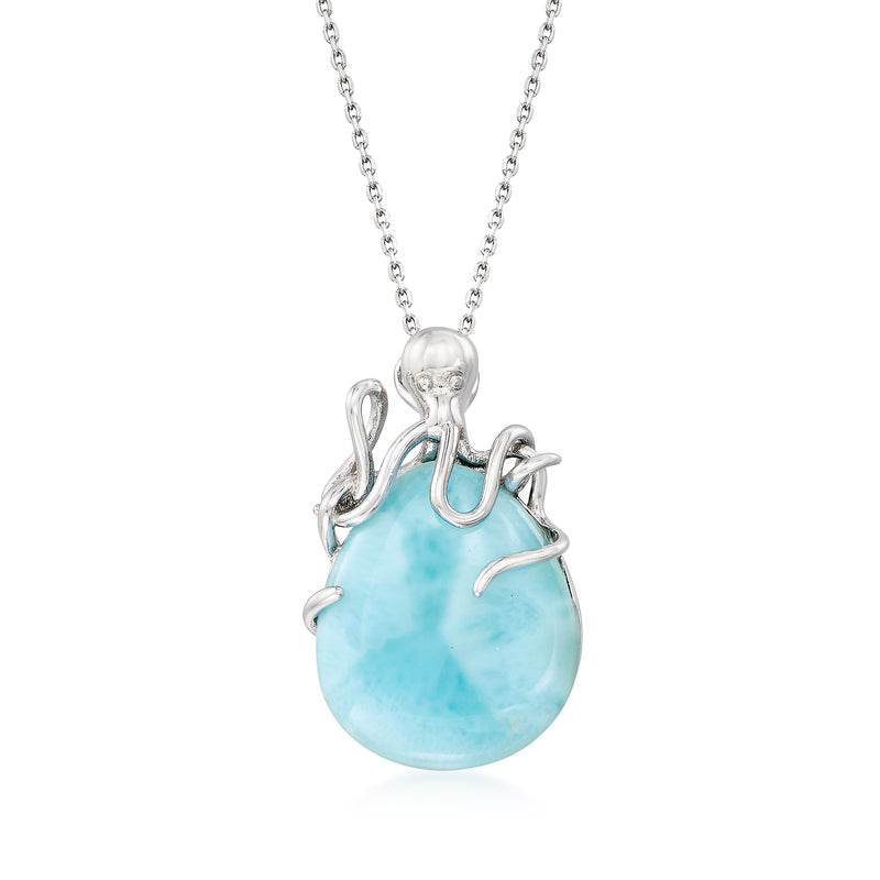 Sterling silver octopus pendant necklace with blue larimar drop stone