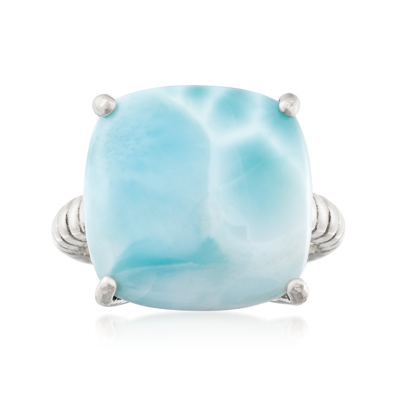 Sterling silver roped ring with oval sky-blue larimar cabochon and 4 prong settings