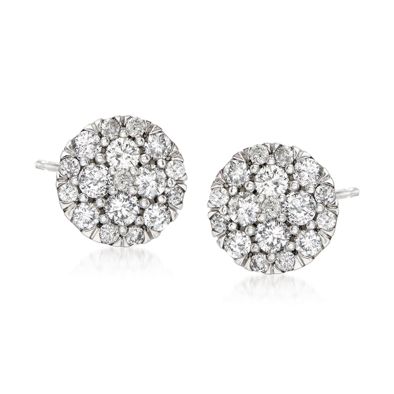 Round diamond cluster stud earrings, 14kt white gold posts, full sparkle