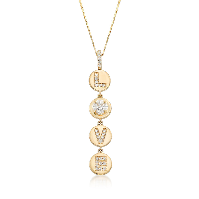 14kt yellow gold diamond “Love” circle disc pendant necklace with dangling round charms