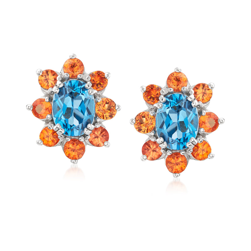 Sterling silver stud earrings with blue topaz center and orange sapphire halo clusters