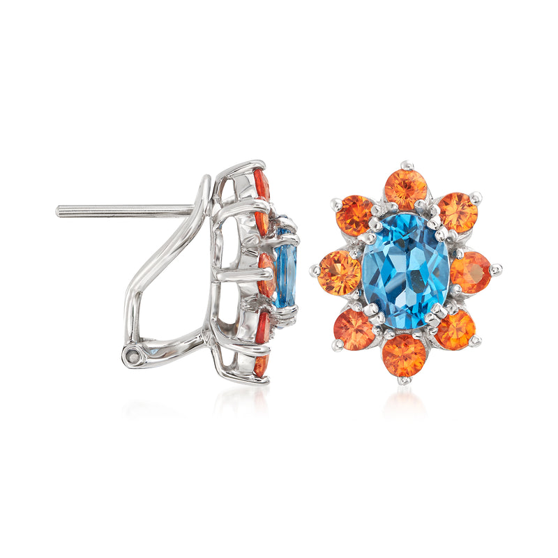 Sterling silver post earrings showing blue topaz center with orange sapphire side stones