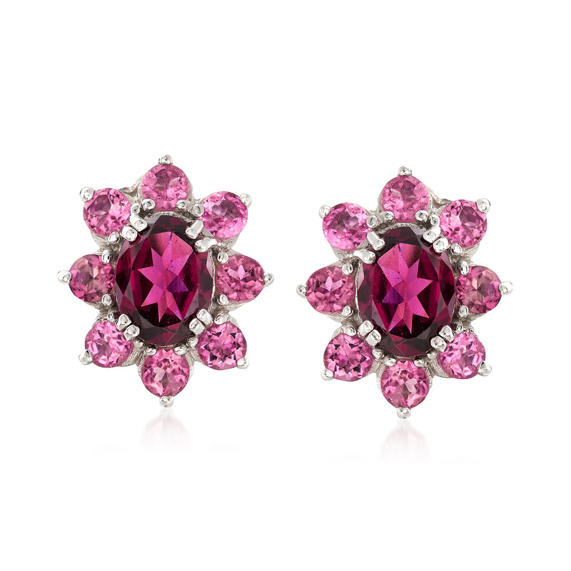 Sterling silver halo stud earrings with pink gemstones and dark center stone