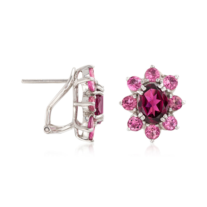 Sterling silver post-back halo earrings with pink gemstones around dark center