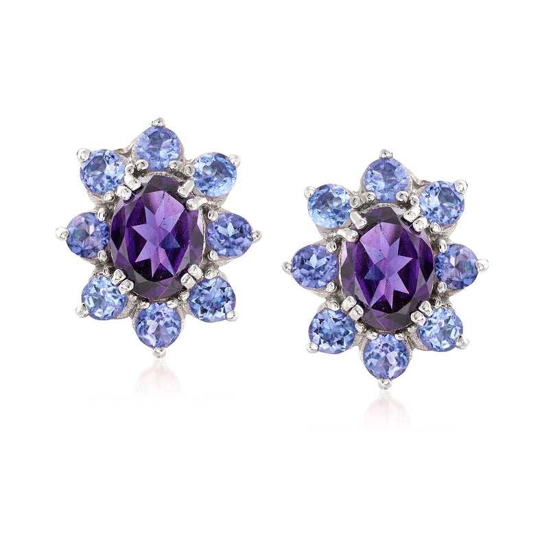 Sterling silver halo drop earrings with purple center stones and blue gemstone accents