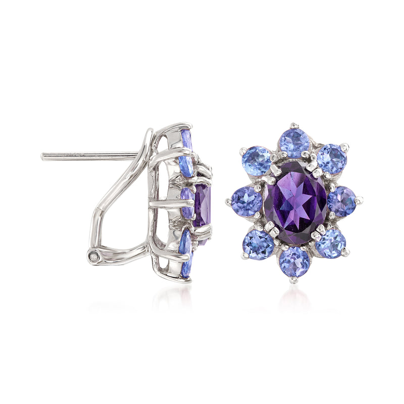 Sterling silver clip/post halo drop earrings with blue side stones and purple center