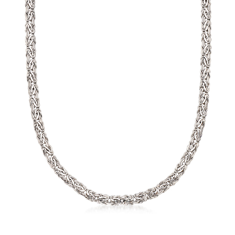 14kt white gold flat Byzantine chain necklace, polished link weave.