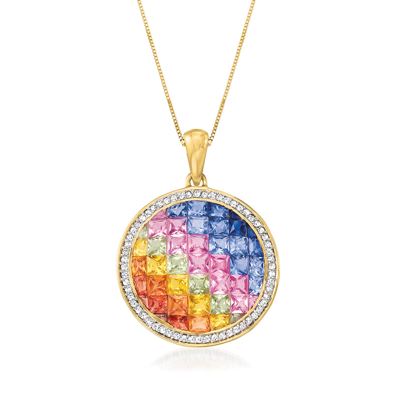 14kt yellow gold pendant necklace with round multicolored sapphire mosaic and diamond halo