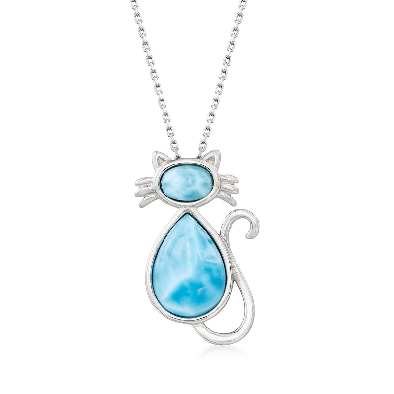 Sterling silver cat pendant necklace with oval blue larimar cabochon