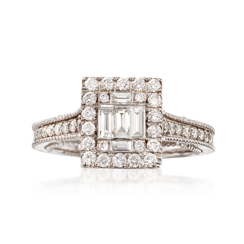 18k white gold diamond ring with emerald-cut center stone and diamond halo