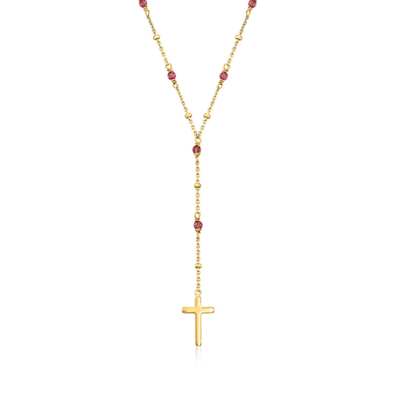 Garnet rosary cross necklace with gold-tone chain and small cross charm