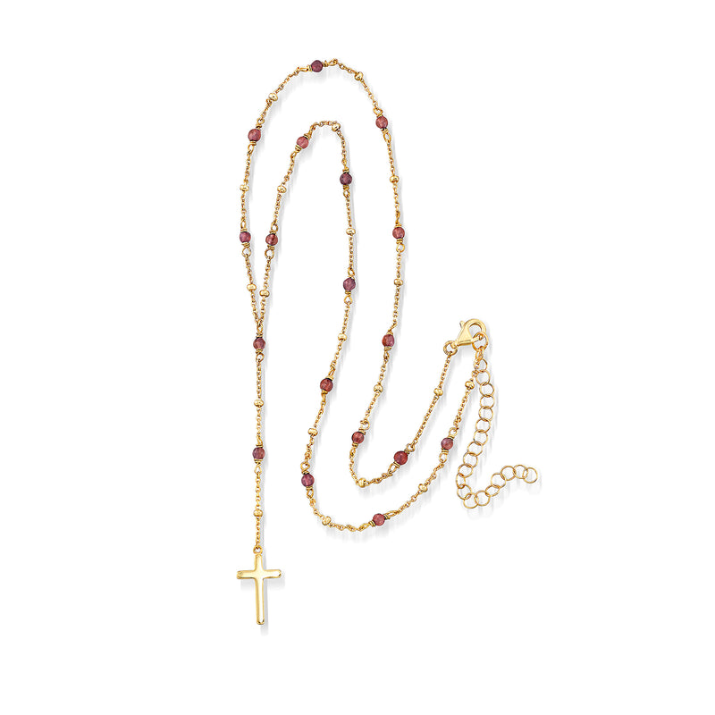 Garnet rosary cross necklace with layered bead strands and gold-tone cross charm