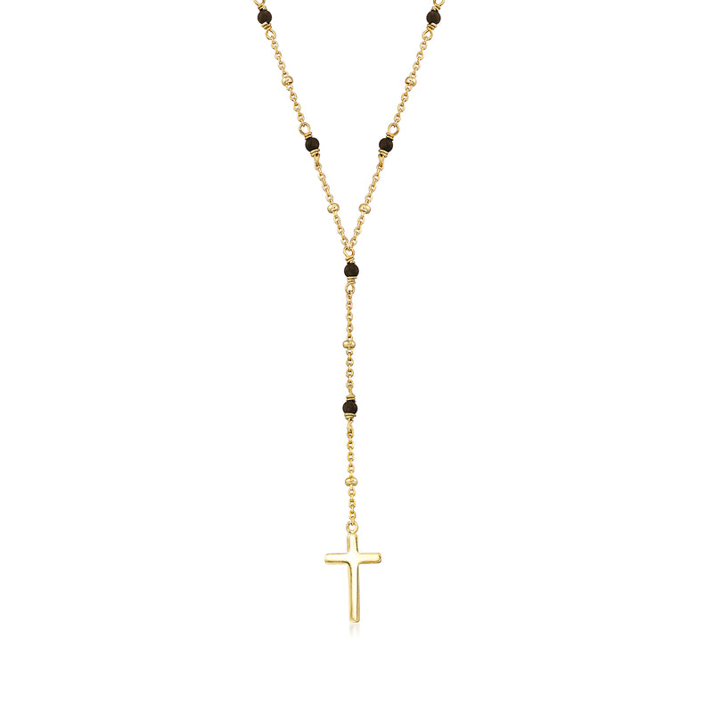 Gold over sterling rosary necklace with black onyx beads and gold cross pendant