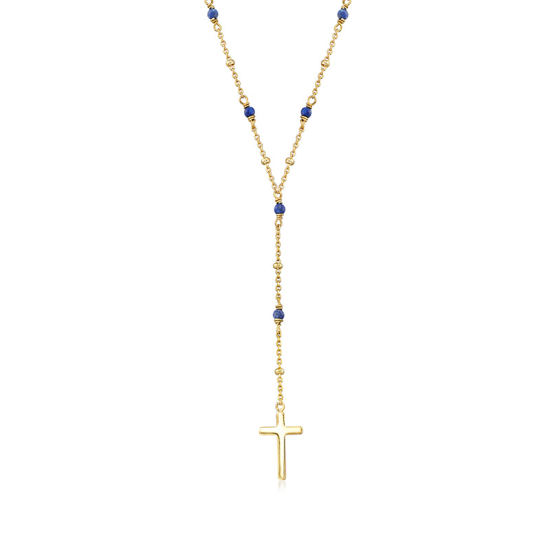 Rosary bead necklace with lapis blue beads and 18kt gold over sterling cross pendant