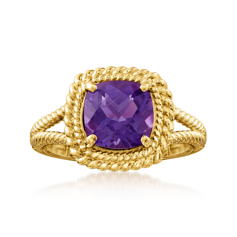 14kt yellow gold amethyst ring with purple oval gemstone and rope halo