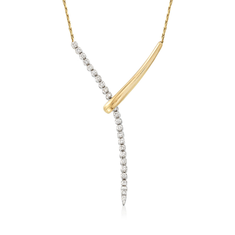 Diamond Y-necklace in 14kt two-tone gold with curved bar and diamond drop