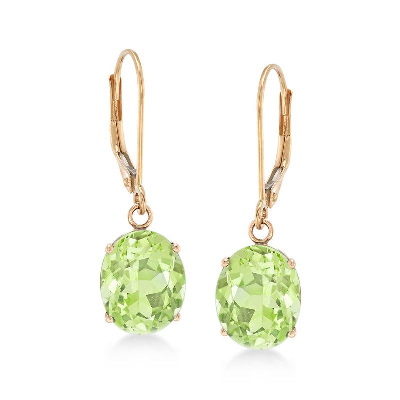 14kt yellow gold peridot drop earrings with leverback and cushion-cut green gemstones