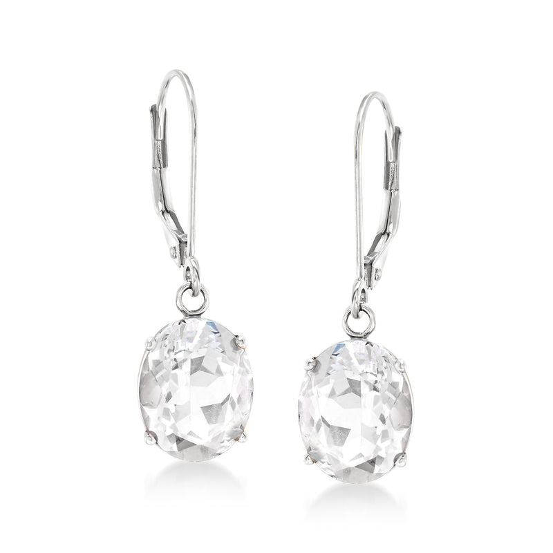 Sterling silver leverback drop earrings with oval white topaz stones