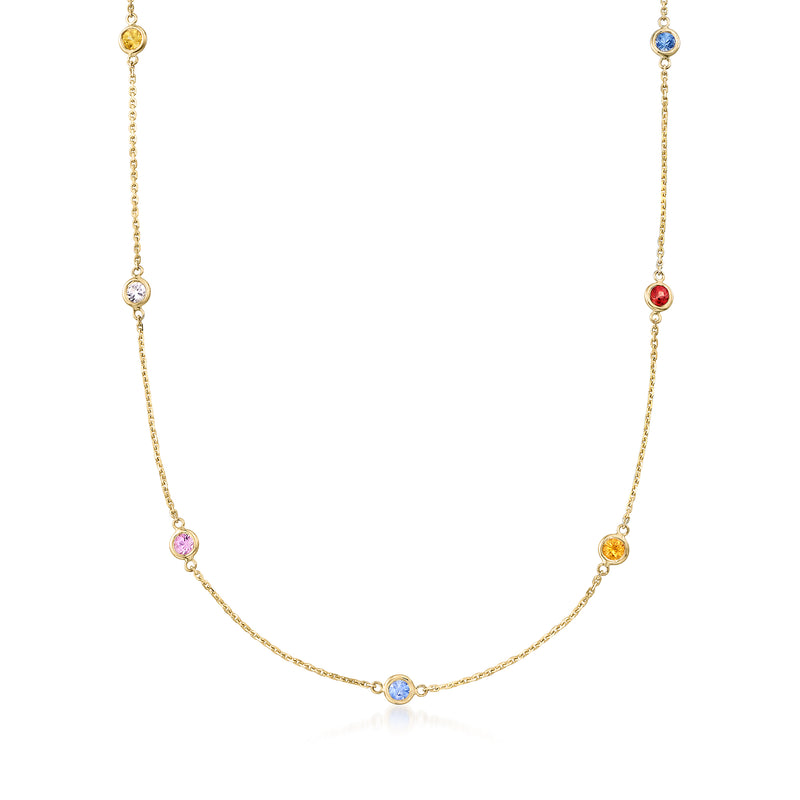 14kt yellow gold station necklace with bezel-set multicolored sapphire round links