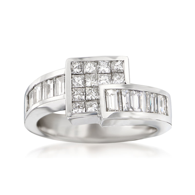 14kt white gold diamond bypass ring with square princess and baguette accents