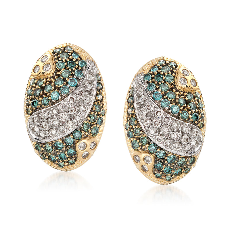 Gold drop earrings with blue-green and white diamond clusters, post style
