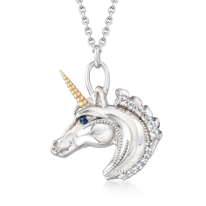 Sterling silver unicorn pendant necklace with white stones and blue sapphire accents