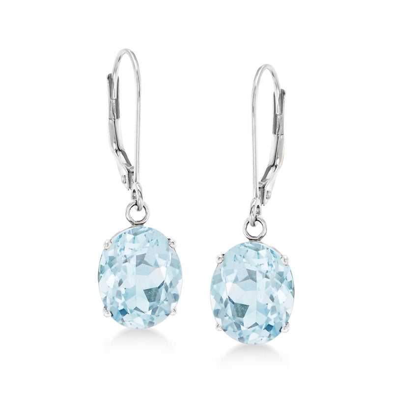Sterling silver leverback drop earrings with oval light-blue aquamarine gemstones