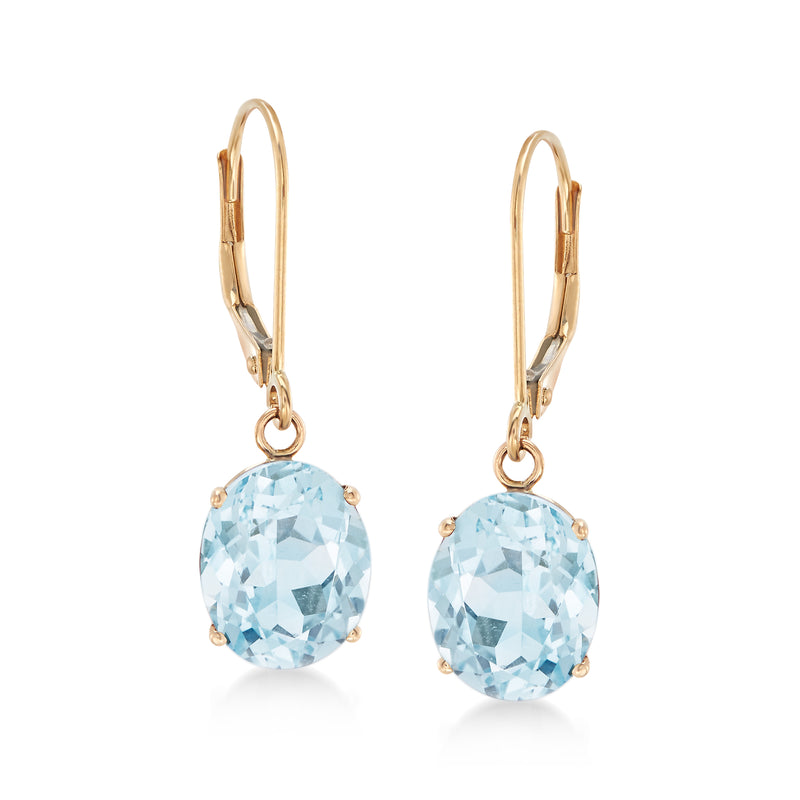 Aquamarine drop earrings in 14kt yellow gold, oval light-blue stones, leverback.