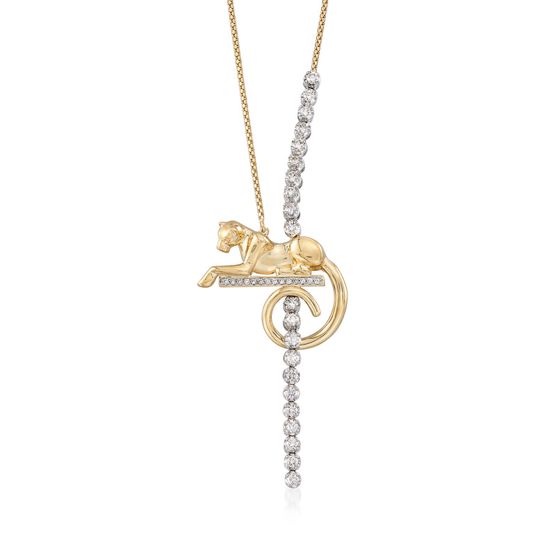 Two-tone gold Puma Y-necklace with diamond cluster pendant and dangling diamond stations