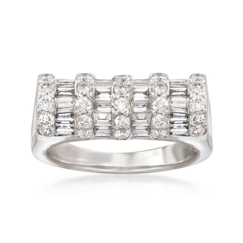 14kt white gold diamond ring with baguette and round stones, channel-set design