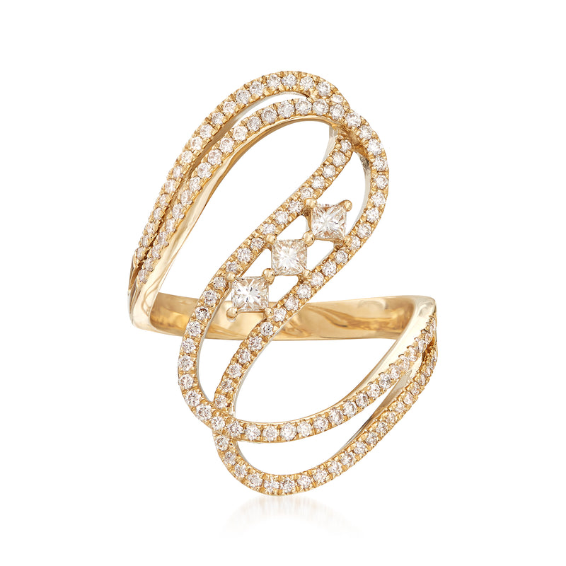 14kt yellow gold diamond wave ring with round stones in linked wave bands