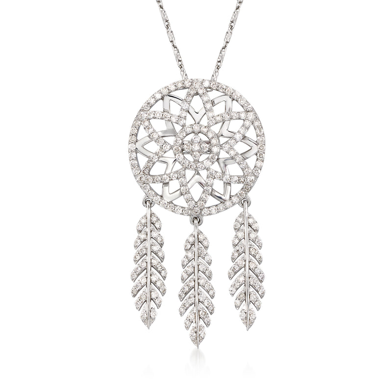 Diamond dreamcatcher necklace in 14kt white gold with three feather drops