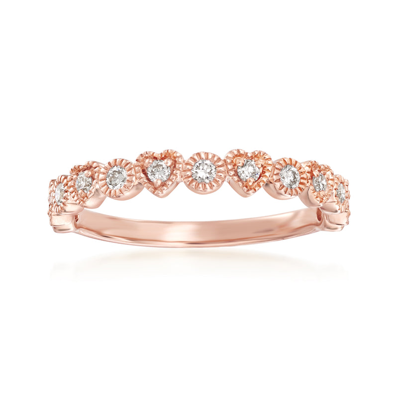 14kt rose gold diamond ring band with heart and round circle settings, 0.25 ct