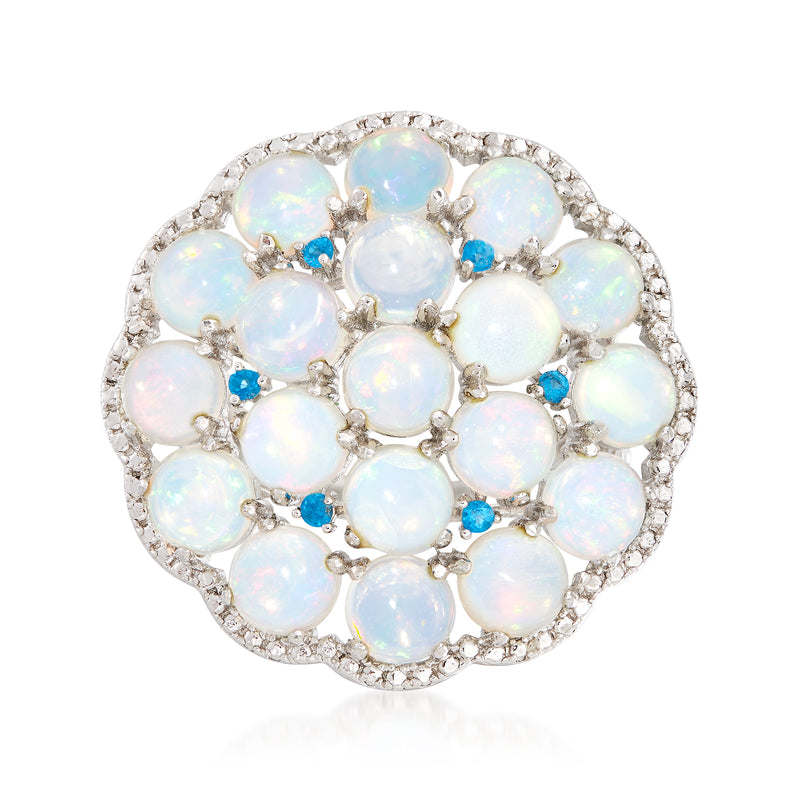 Sterling silver opal cluster ring with oval opal-like stones, blue accents, round halo