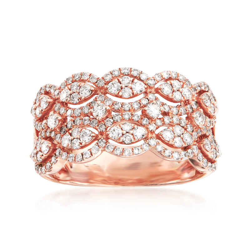 14kt rose gold diamond multi-row ring with round and oval stones
