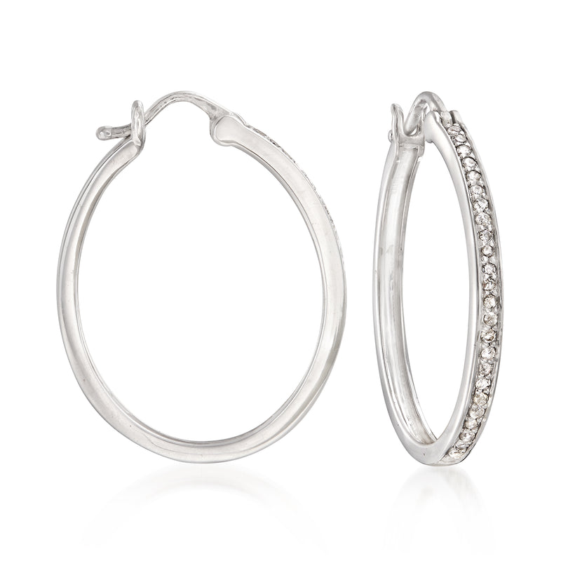 Sterling silver diamond hoop earrings, front and side view