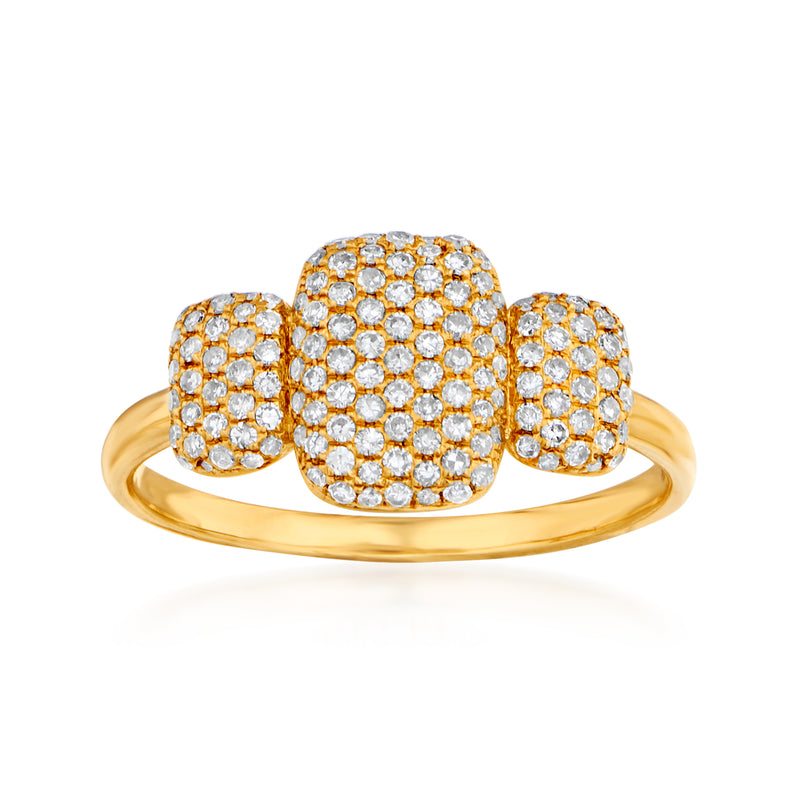 14kt yellow gold pave diamond three-square ring with three sparkling square clusters