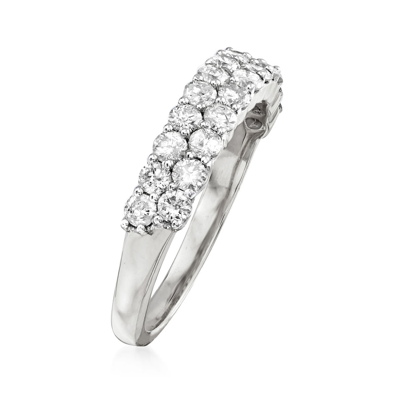 Angle view of white gold two-row diamond ring with raised round pave settings
