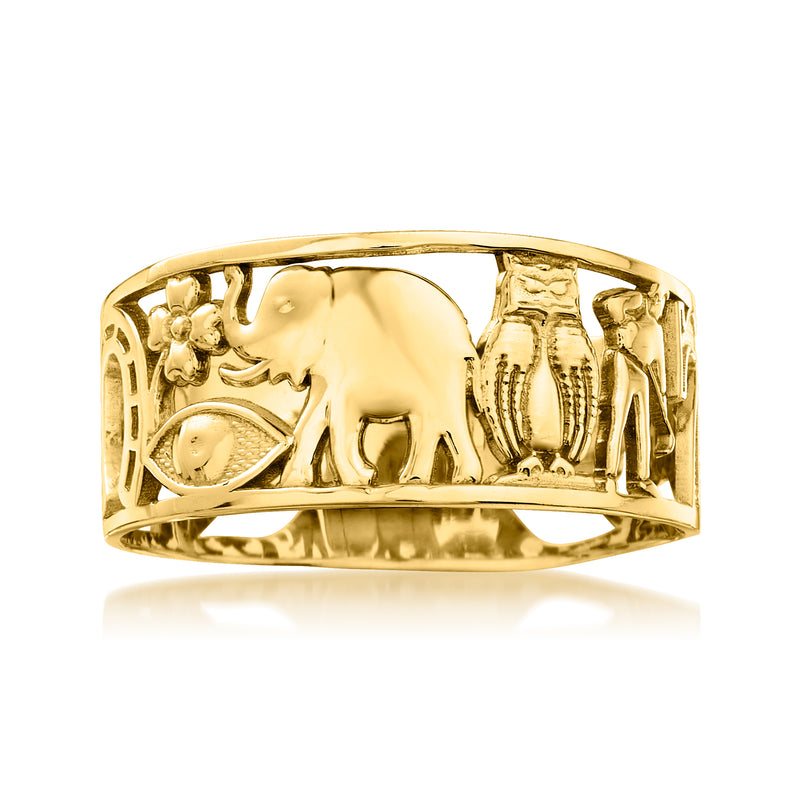 14kt yellow gold good-luck ring with elephant, flower, and arch cutouts