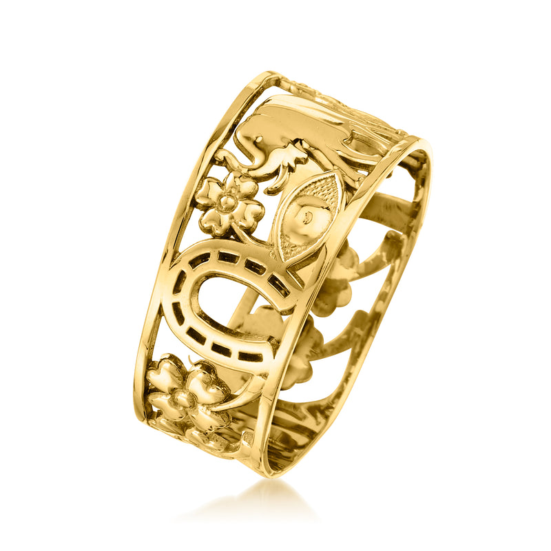 14kt yellow gold ring showing horse and flower motifs through openwork