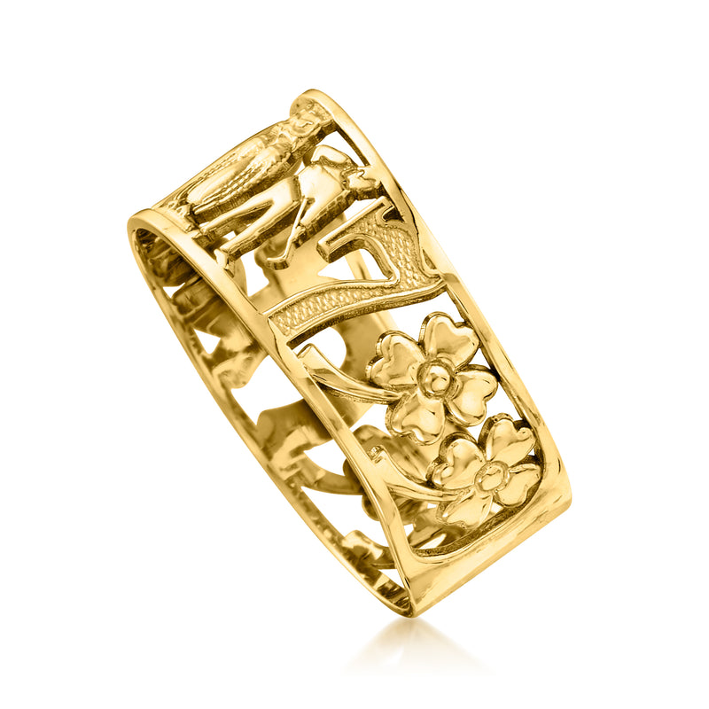 14kt yellow gold ring with arch and flower cutout motifs